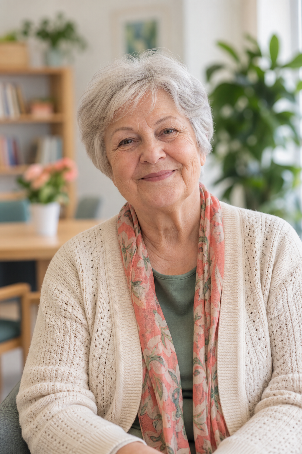 Pani Maria, seniorka w jasnym wnętrzu